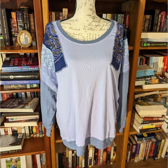 𝅺free people feeling it cornflower combo lightweight patchwork top sz m nwt - Picture 1 of 6